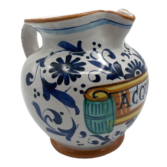 Ricco Deruta Italy Pitcher Hand Painted "ACQUA" Colorful Floral Scroll 6” - Picture 6 of 8